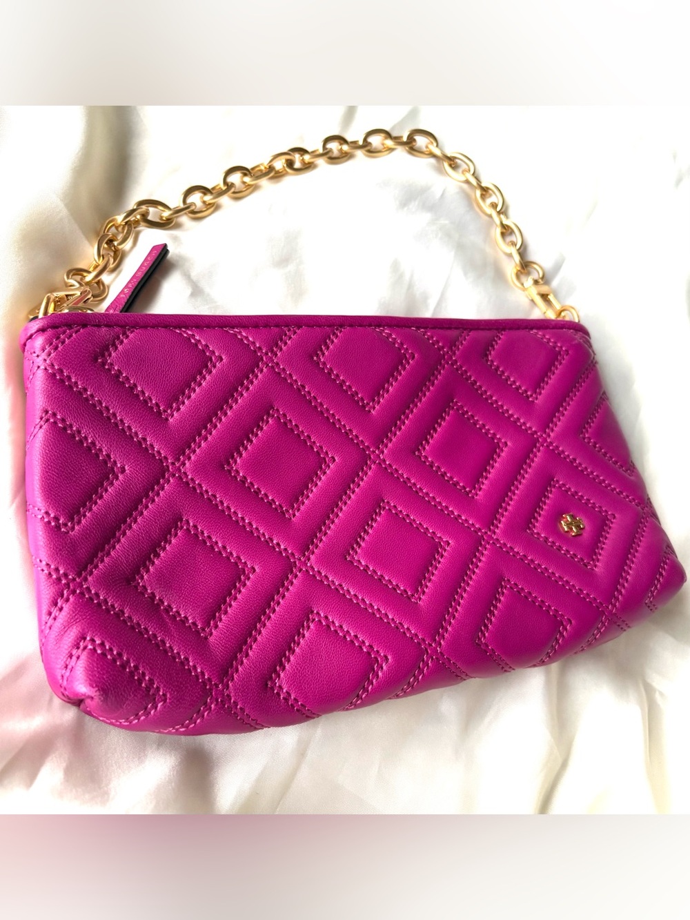 Tory Burch Quilted Chain Wristlet - Fuchsia with Gold Chain
